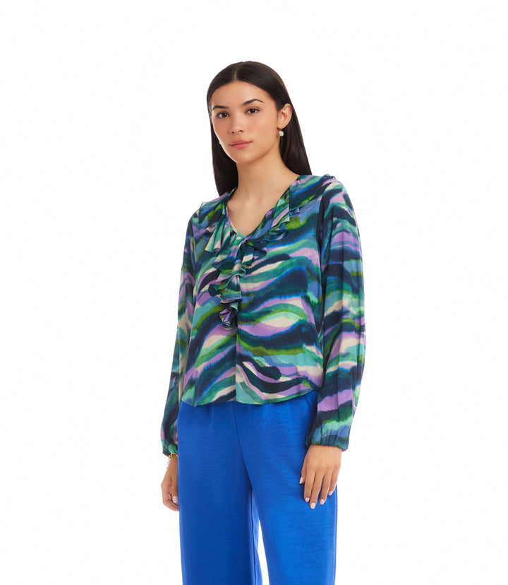 Blouson Sleeve Ruffle Neckline Top