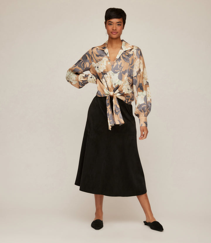 Petite Size Blouson Sleeve Satin Tie-Front Top