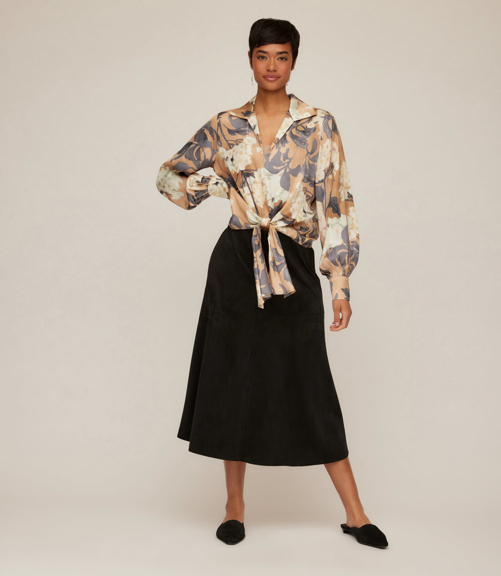 Blouson Sleeve Satin Tie-Front Top