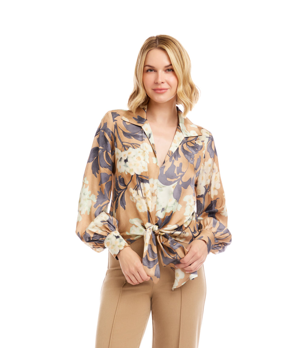 Blouson Sleeve Satin Tie-Front Top