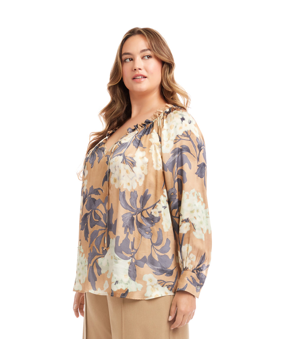 Plus Size Long Sleeve Ruffle Neck Peasant Top