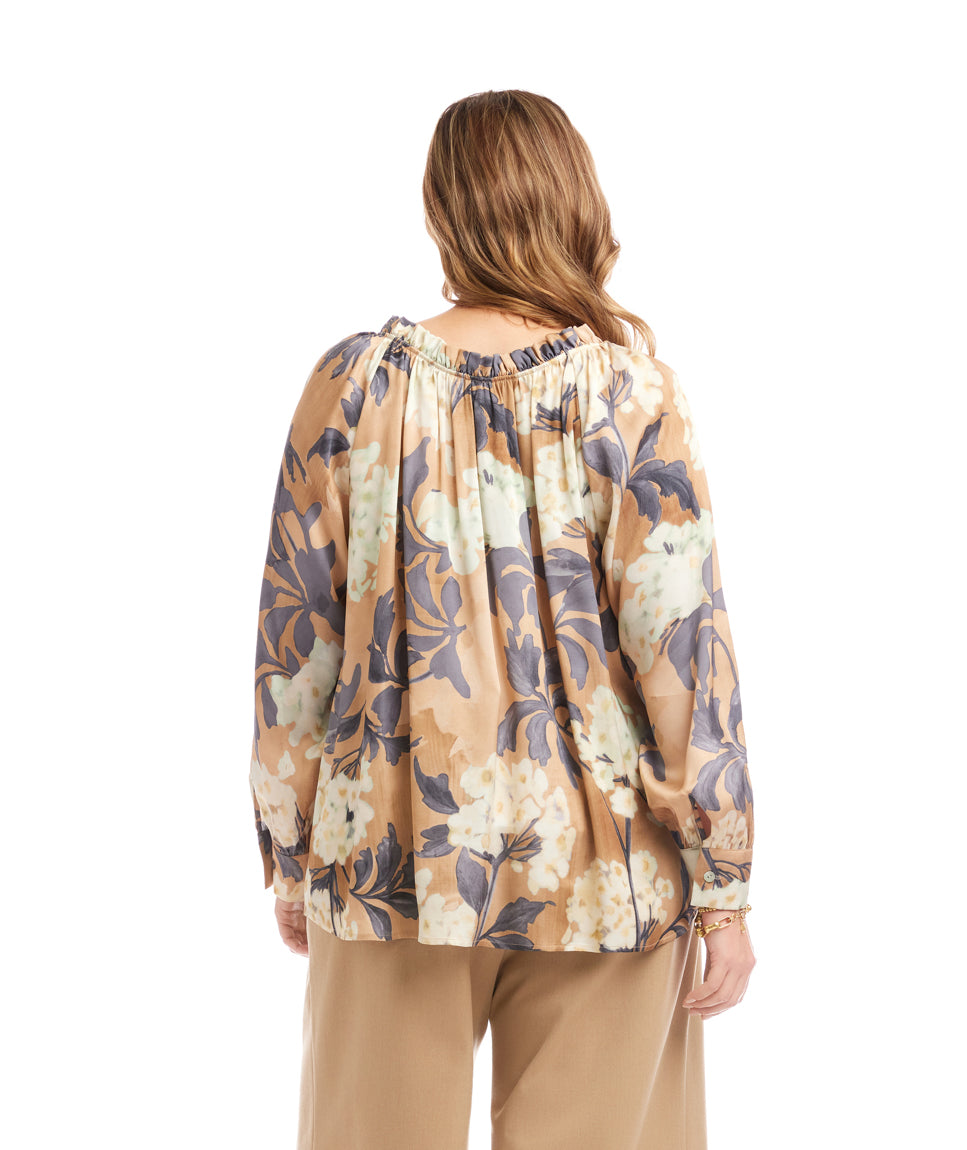 Plus Size Long Sleeve Ruffle Neck Peasant Top