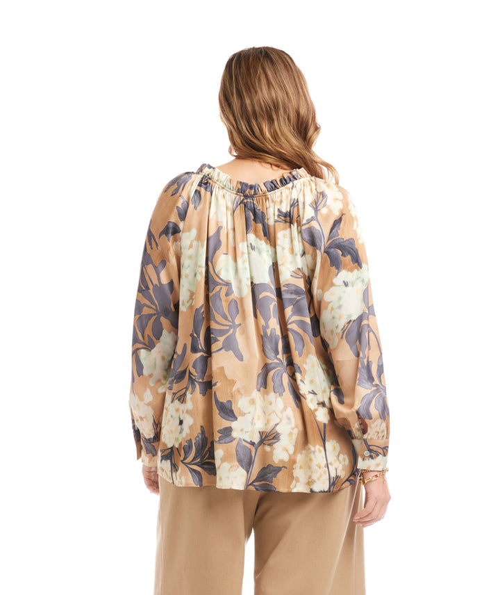 Plus Size Long Sleeve Ruffle Neck Peasant Top