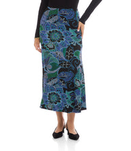 Blue and purple side-slit midi skirt with dotted floral print and elastic waistband