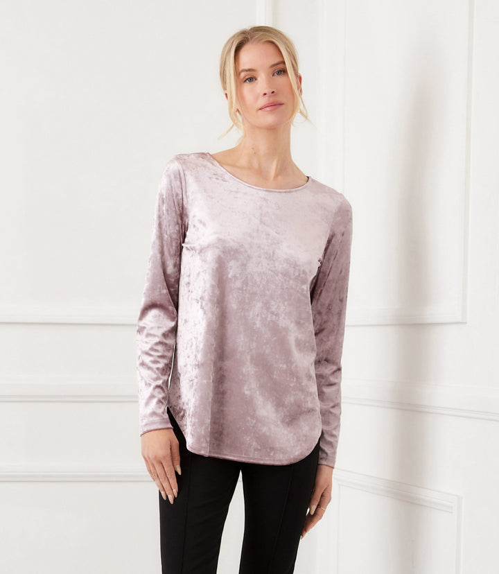 Long Sleeve Crushed Velvet Shirttail Top