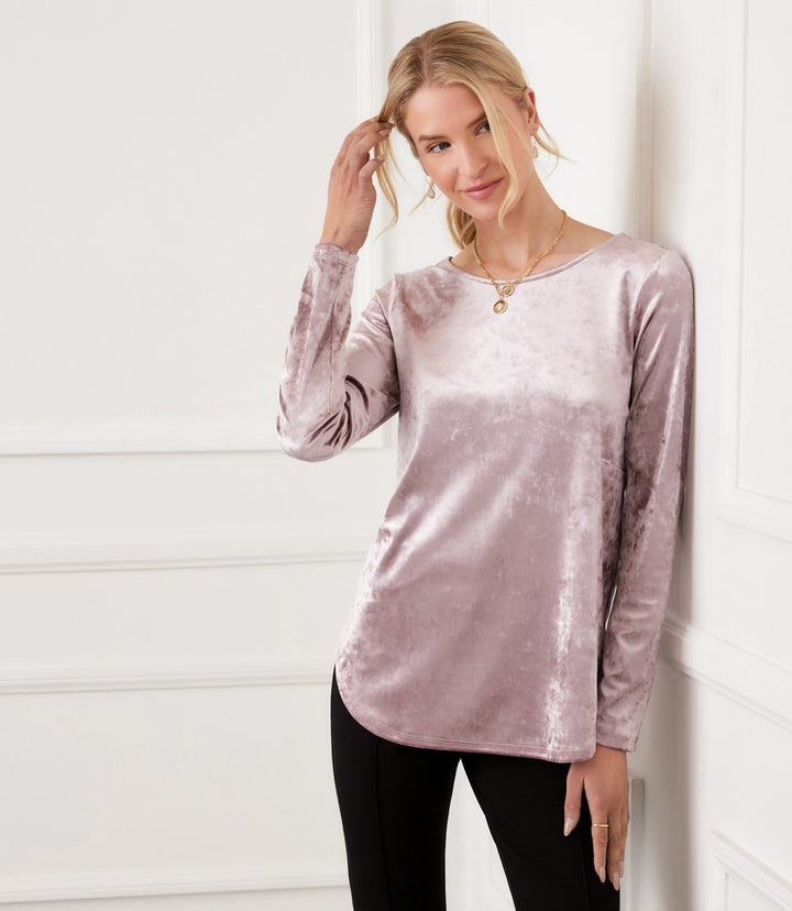 Long Sleeve Crushed Velvet Shirttail Top