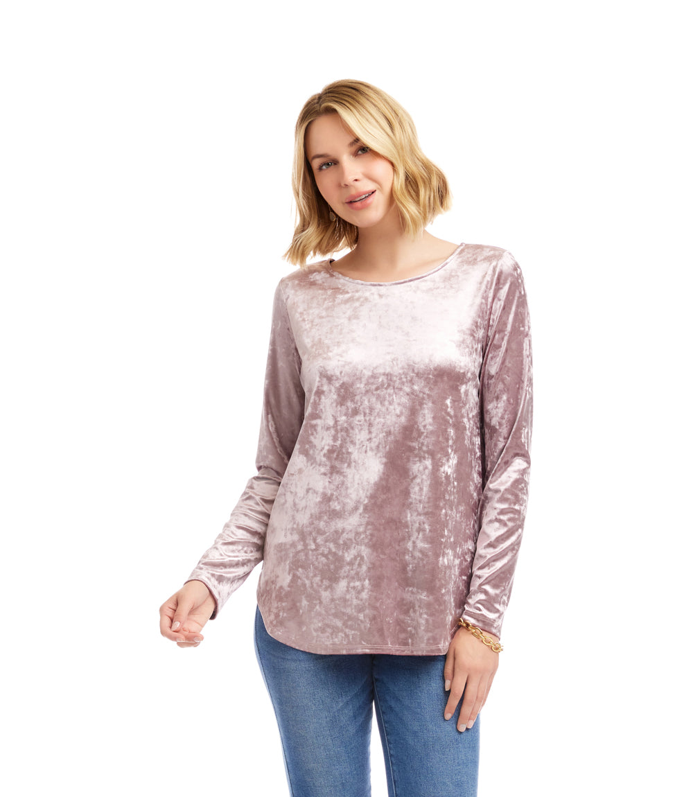 Long Sleeve Crushed Velvet Shirttail Top