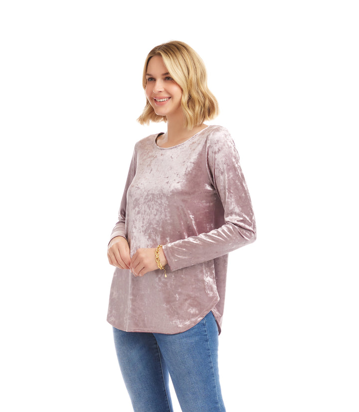 Long Sleeve Crushed Velvet Shirttail Top