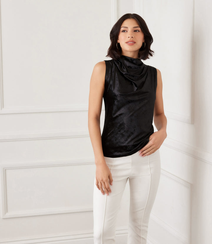 Sleeveless Crushed Velvet Drape Front Top