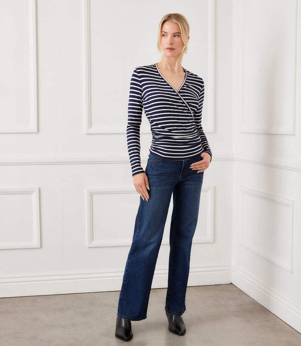 Petite Size Long Sleeve Stripe Side-Shirred Crossover Top
