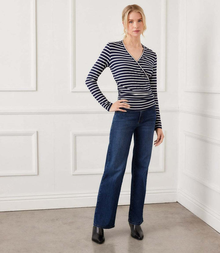 Petite Size Long Sleeve Stripe Side-Shirred Crossover Top