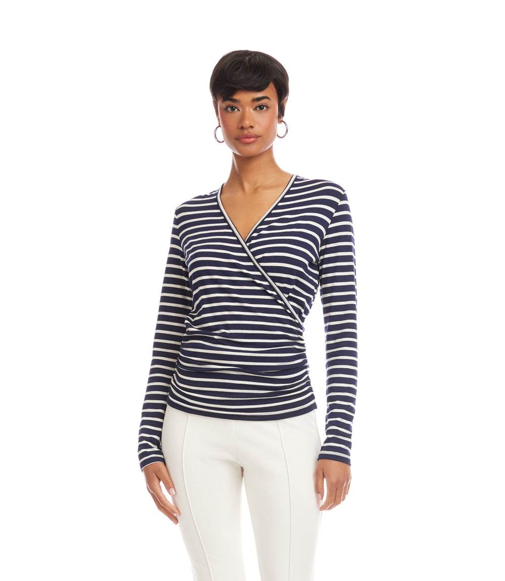 Petite Size Long Sleeve Stripe Side-Shirred Crossover Top