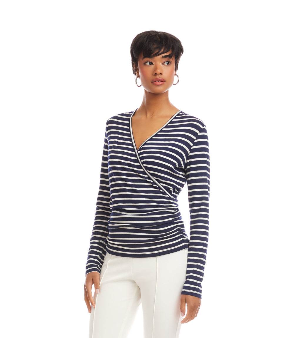 Petite Size Long Sleeve Stripe Side-Shirred Crossover Top