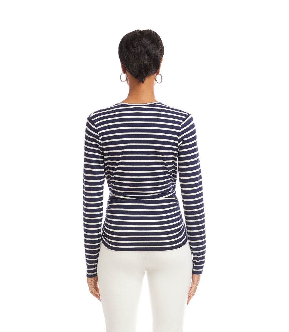 Petite Size Long Sleeve Stripe Side-Shirred Crossover Top