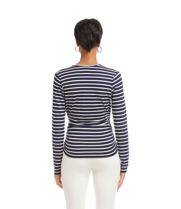 Petite Size Long Sleeve Stripe Side-Shirred Crossover Top