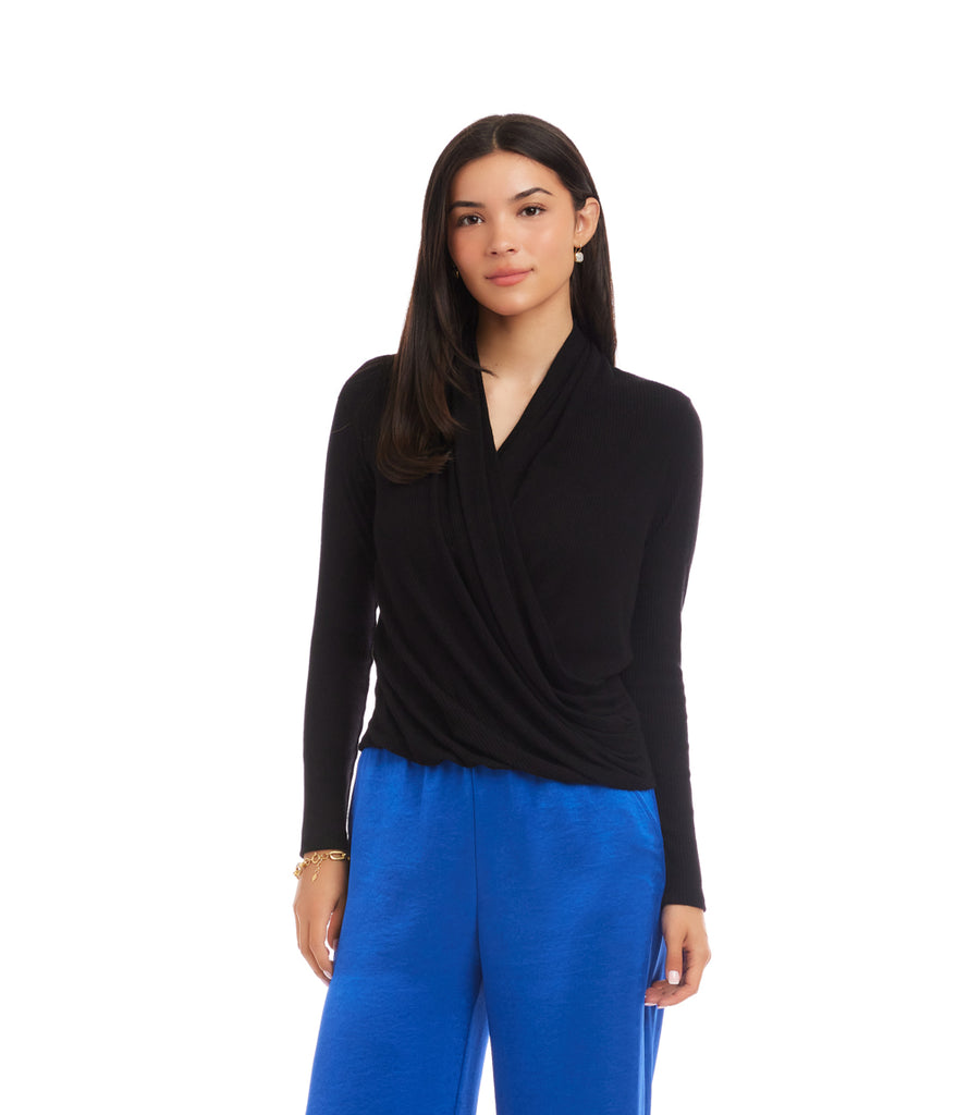 Long Sleeve Ribbed Drape Front Crossover Top – Karen Kane