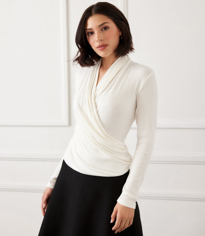 Long Sleeve Ribbed Drape Front Crossover Top