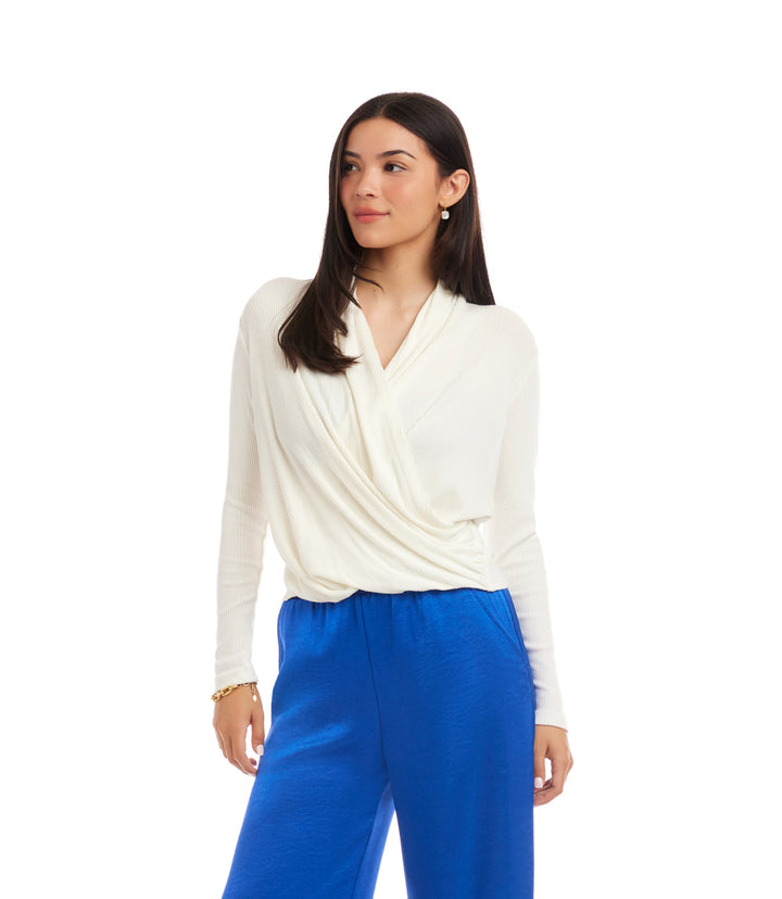 Long Sleeve Ribbed Drape Front Crossover Top