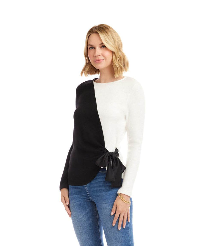 Long Sleeve Colorblock Satin Bow Top