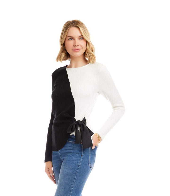 Long Sleeve Colorblock Satin Bow Top