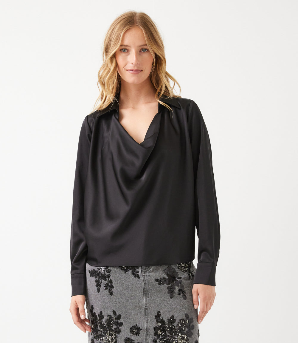 Petite Size Long Sleeve Collared Cowl Neck Top