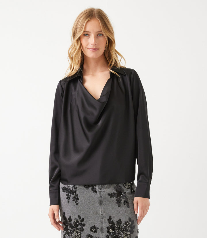Petite Size Long Sleeve Collared Cowl Neck Top