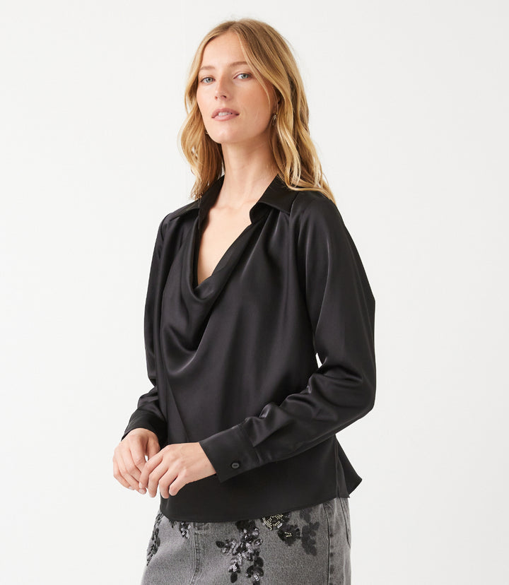 Petite Size Long Sleeve Collared Cowl Neck Top