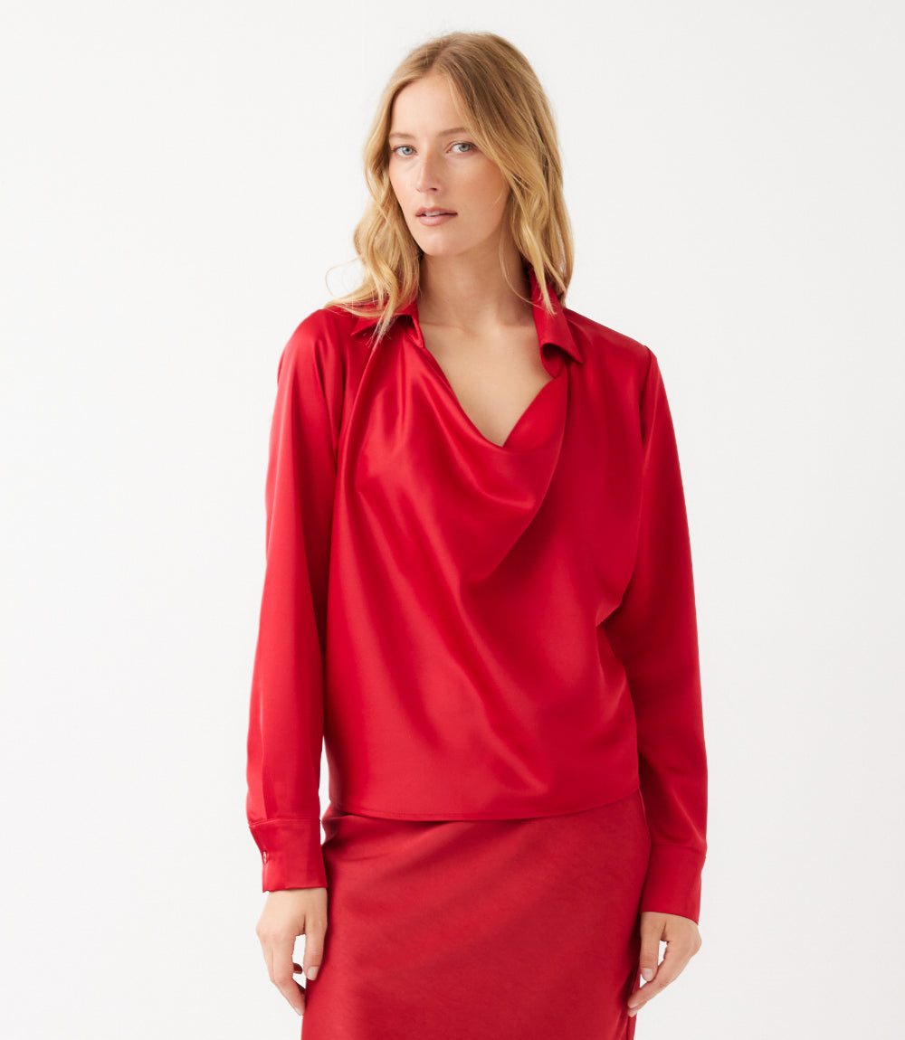 Petite Size Long Sleeve Collared Cowl Neck Top