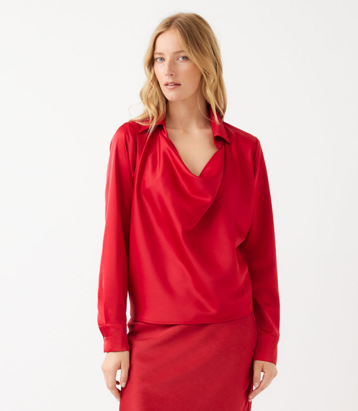 Petite Size Long Sleeve Collared Cowl Neck Top