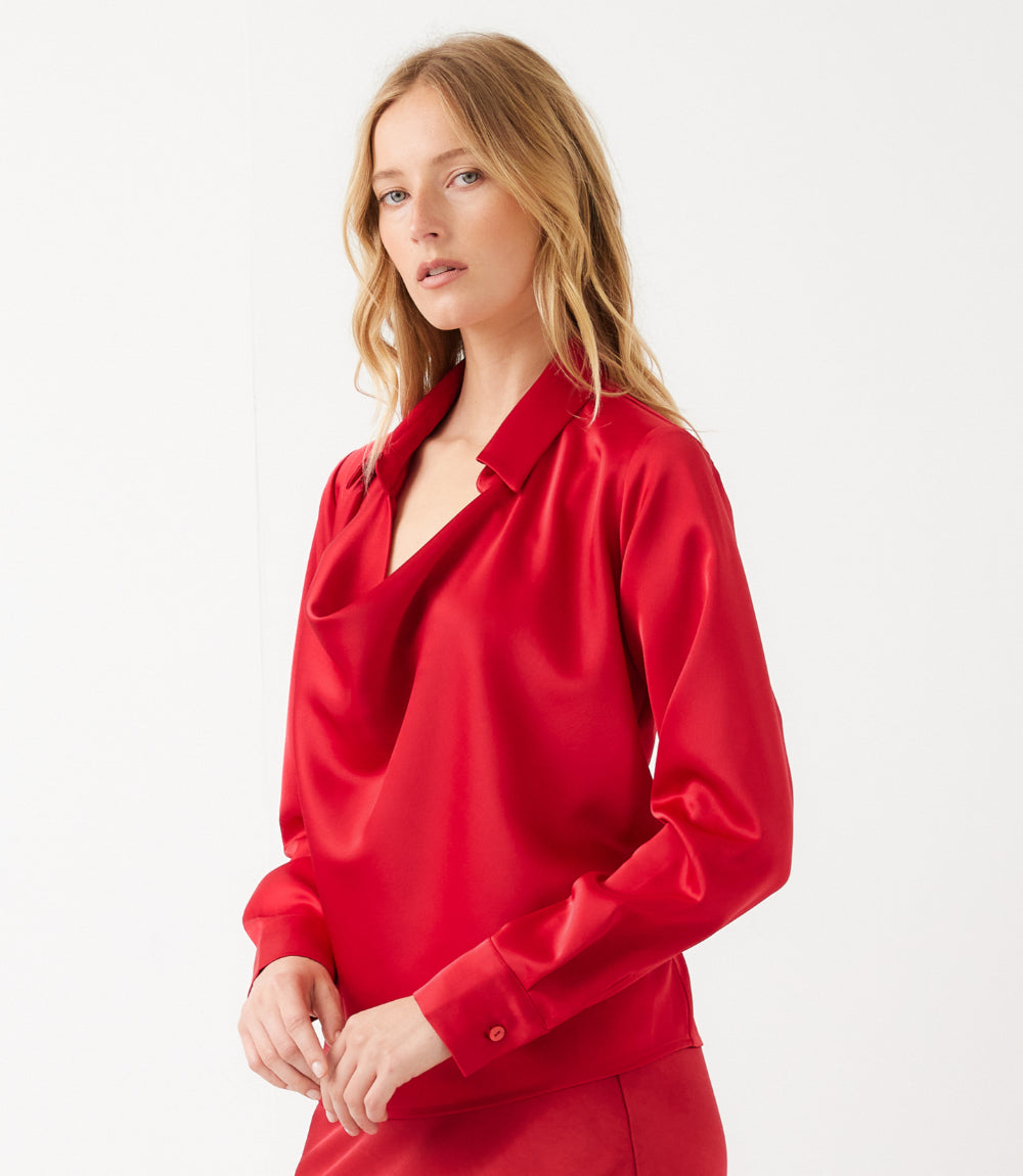 Petite Size Long Sleeve Collared Cowl Neck Top