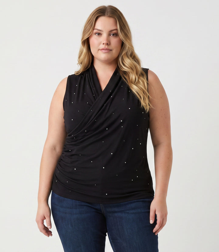 Plus Size Sleeveless Embellished Crossover Side Shirred Top