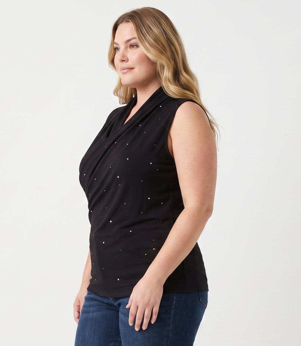 Plus Size Sleeveless Embellished Crossover Side Shirred Top
