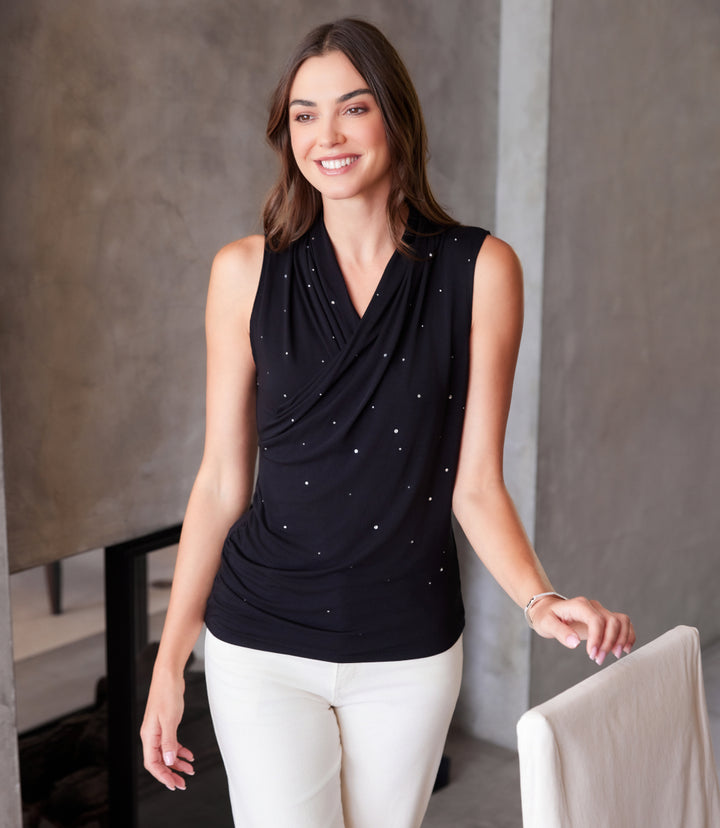 Sleeveless Embellished Crossover Side-Shirred Top