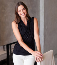 Petite Size Sleeveless Embellished Crossover Side-Shirred Top