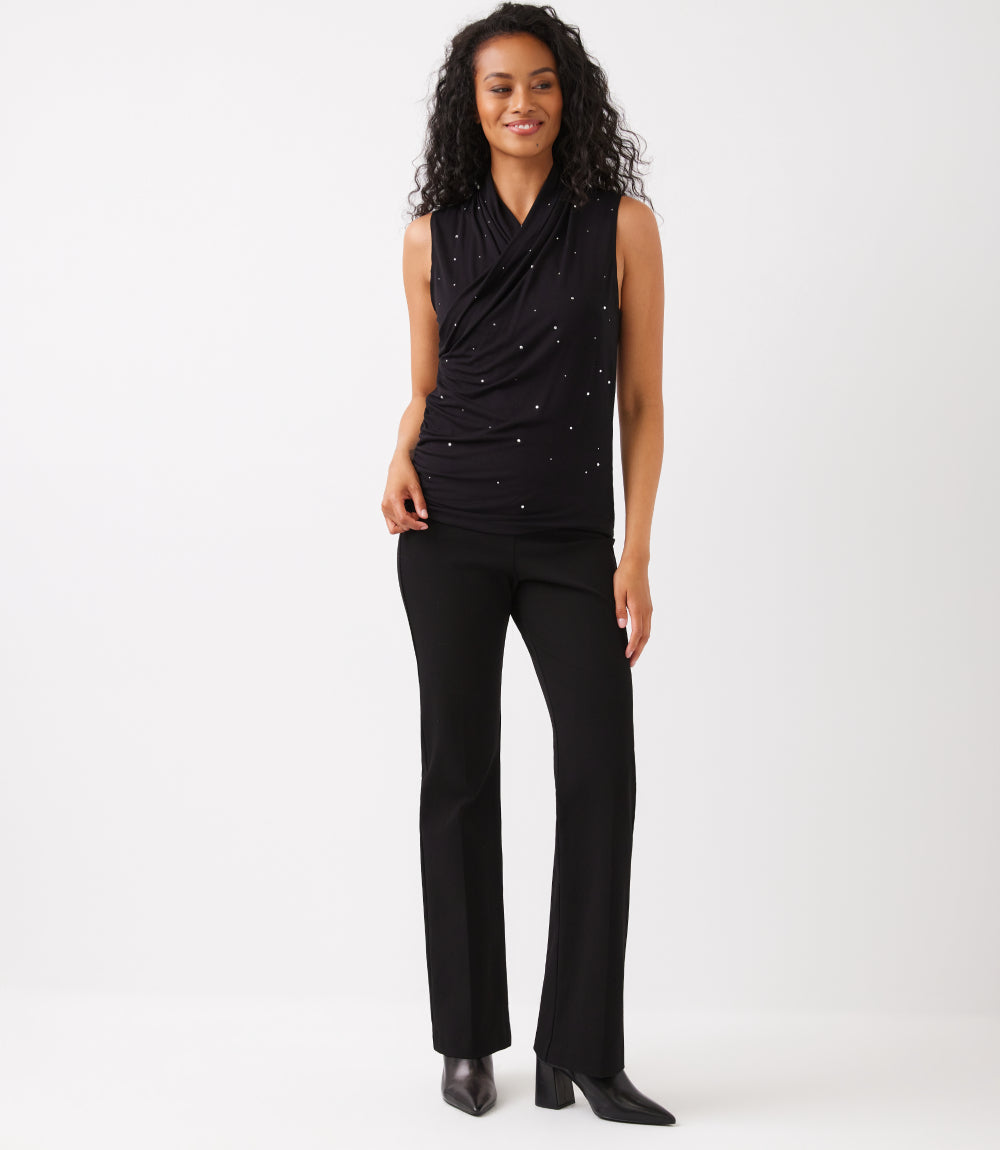 Sleeveless Embellished Crossover Side-Shirred Top