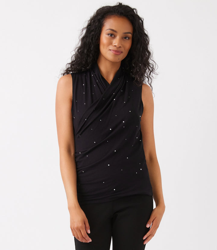 Sleeveless Embellished Crossover Side-Shirred Top