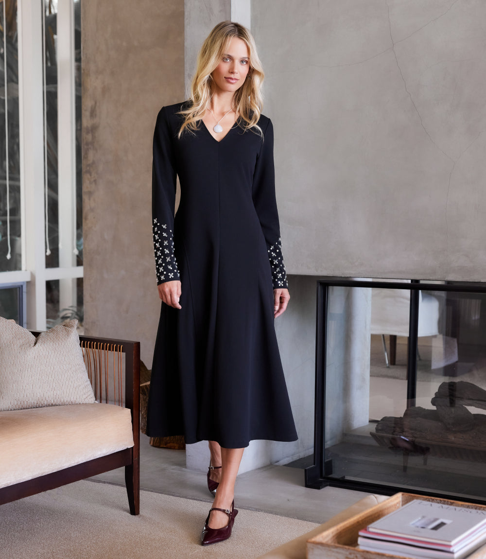 Beaded Long Sleeve V-Neck Midi Dress