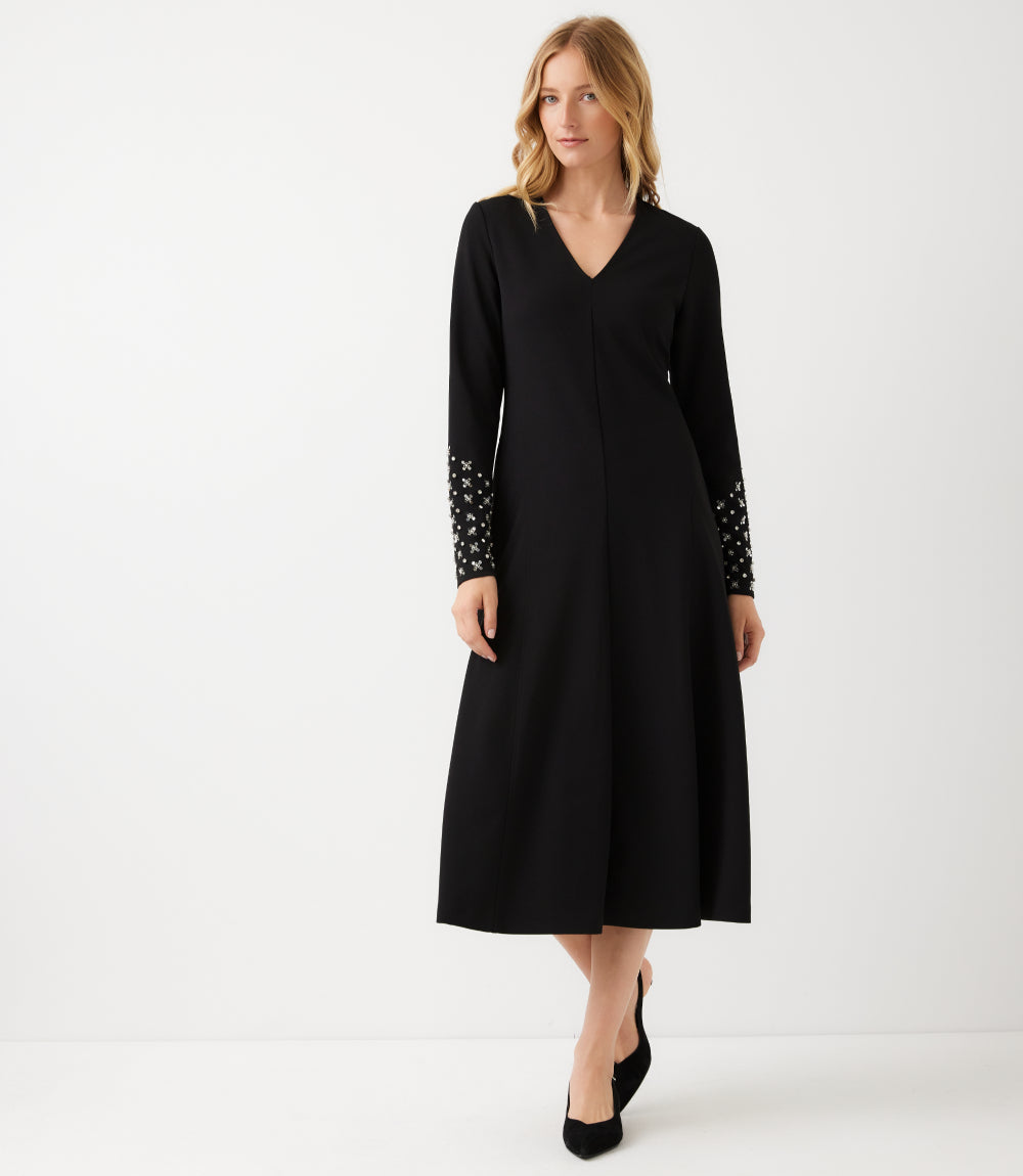 Beaded Long Sleeve V-Neck Midi Dress