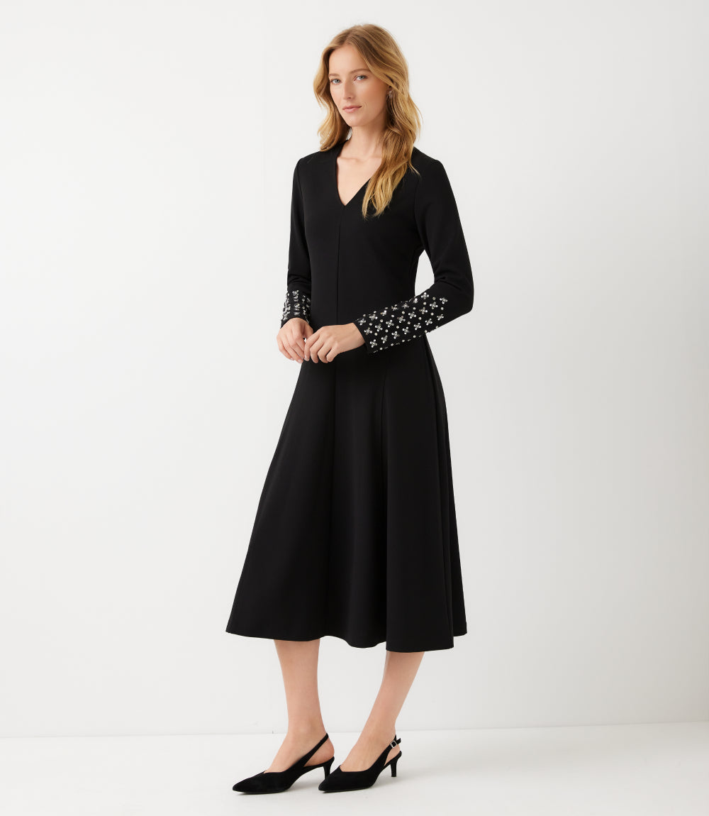 Beaded Long Sleeve V-Neck Midi Dress