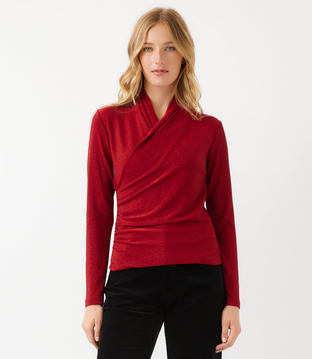 Petite Size Long Sleeve Crossover Side-Shirred Top