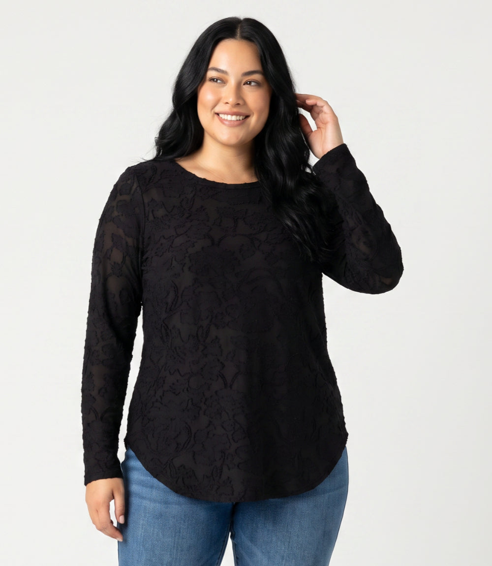 Plus Size Long Sleeve Burnout Shirttail Top