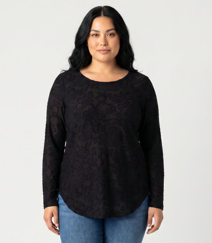 Plus Size Long Sleeve Burnout Shirttail Top