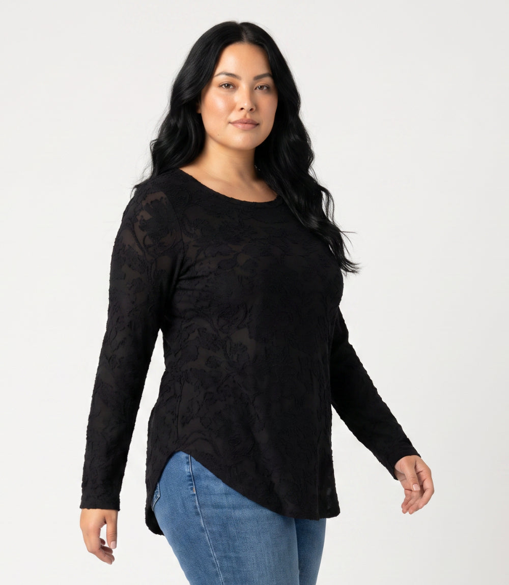 Plus Size Long Sleeve Burnout Shirttail Top