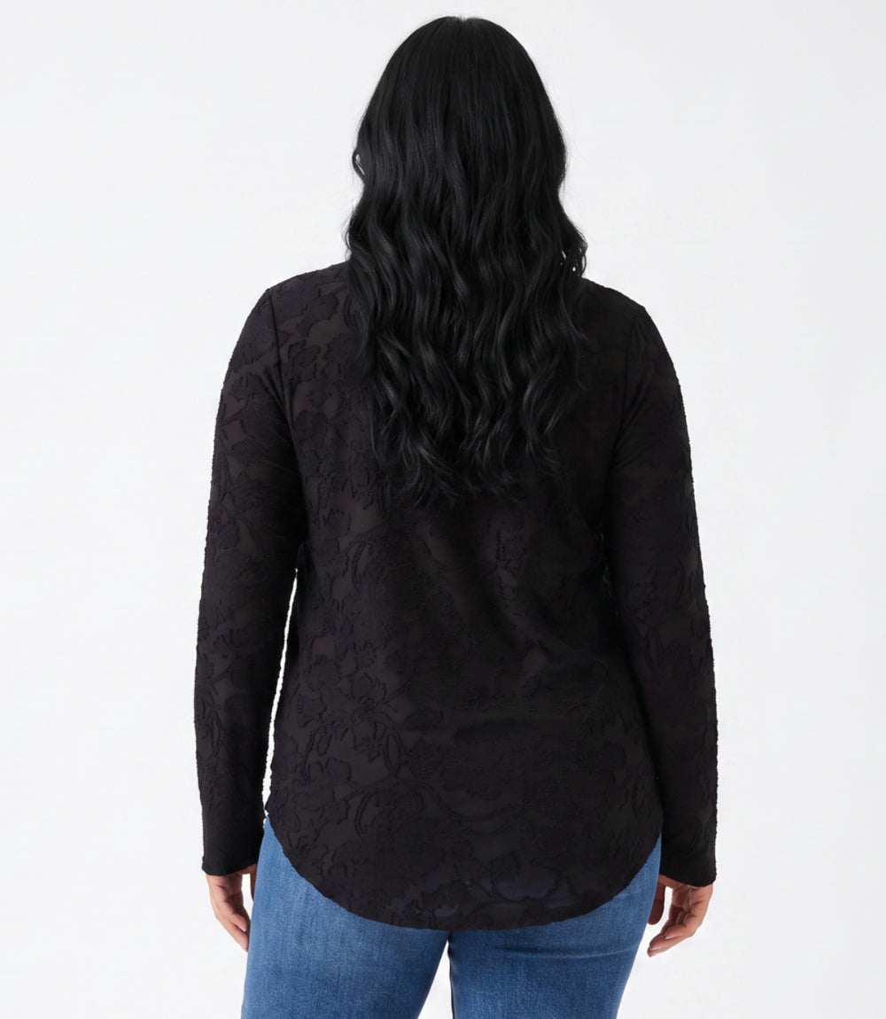 Plus Size Long Sleeve Burnout Shirttail Top