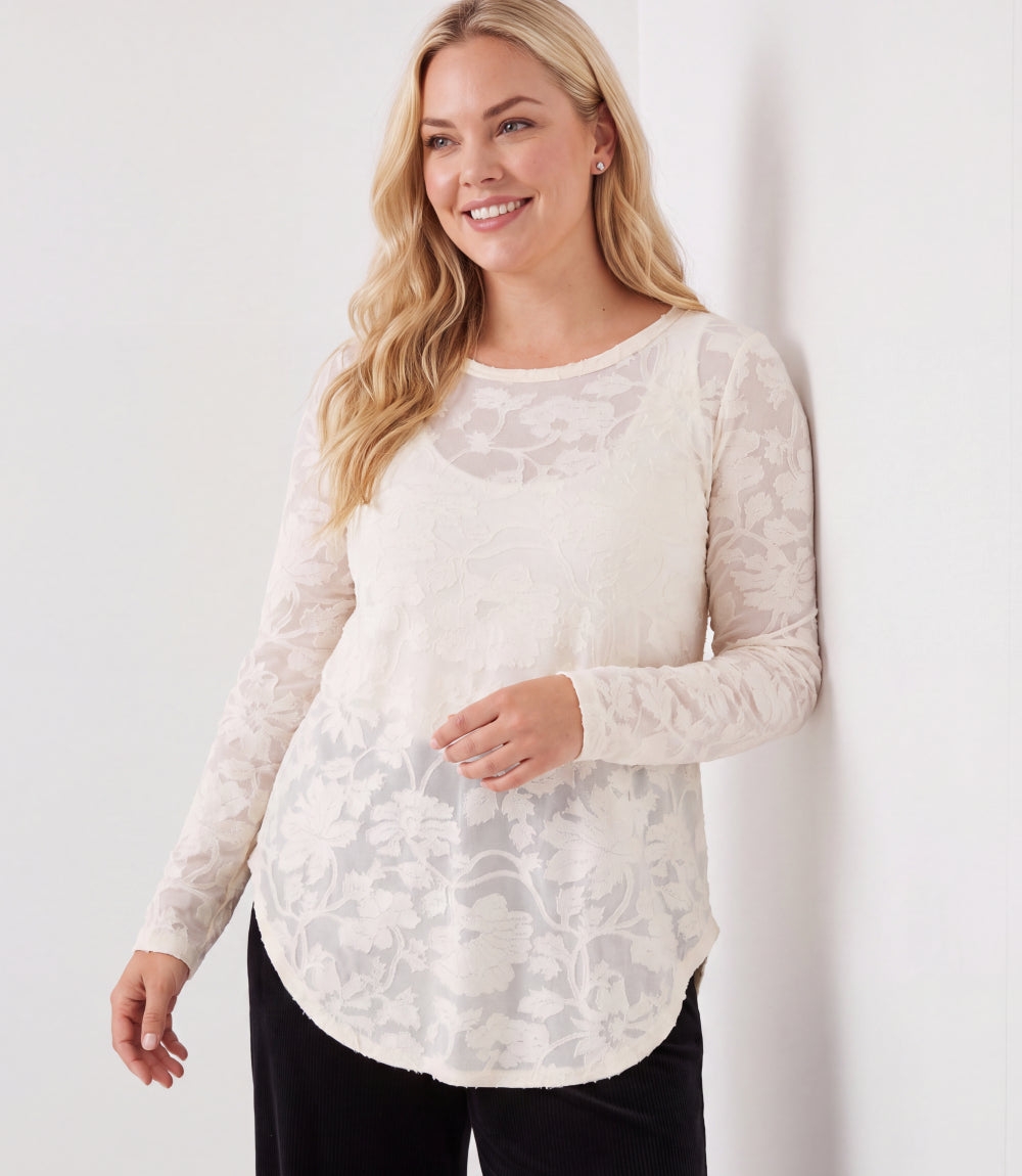 Plus Size Long Sleeve Burnout Shirttail Top
