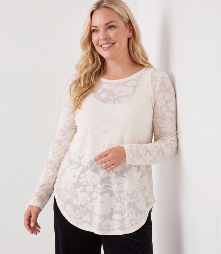 Plus Size Long Sleeve Burnout Shirttail Top