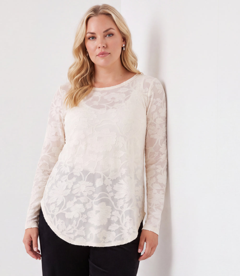 Plus Size Long Sleeve Burnout Shirttail Top