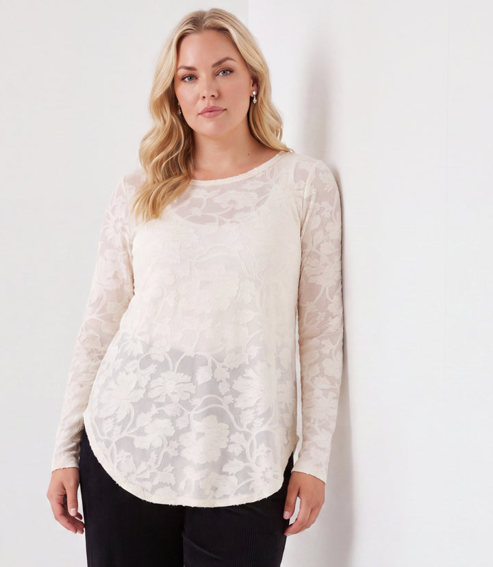Plus Size Long Sleeve Burnout Shirttail Top