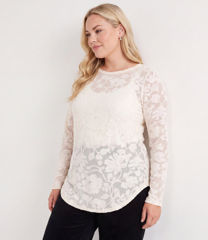 Plus Size Long Sleeve Burnout Shirttail Top