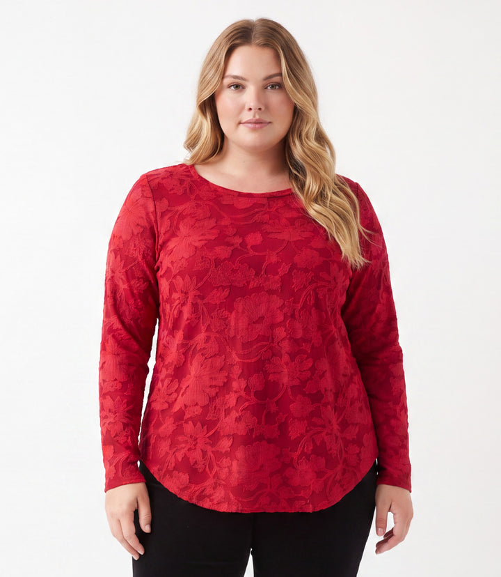 Plus Size Long Sleeve Burnout Shirttail Top